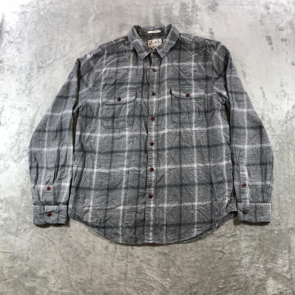 Lucky Brand Shirt Mens Large Gray Plaid Long Sleeve Flannel Button Up Casual